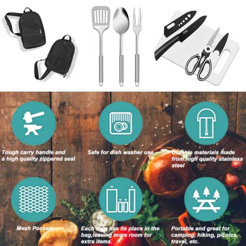 12 Piece Camping Kitchen Utensil Set with Carry Bag and Grilling Tools (12 Count)