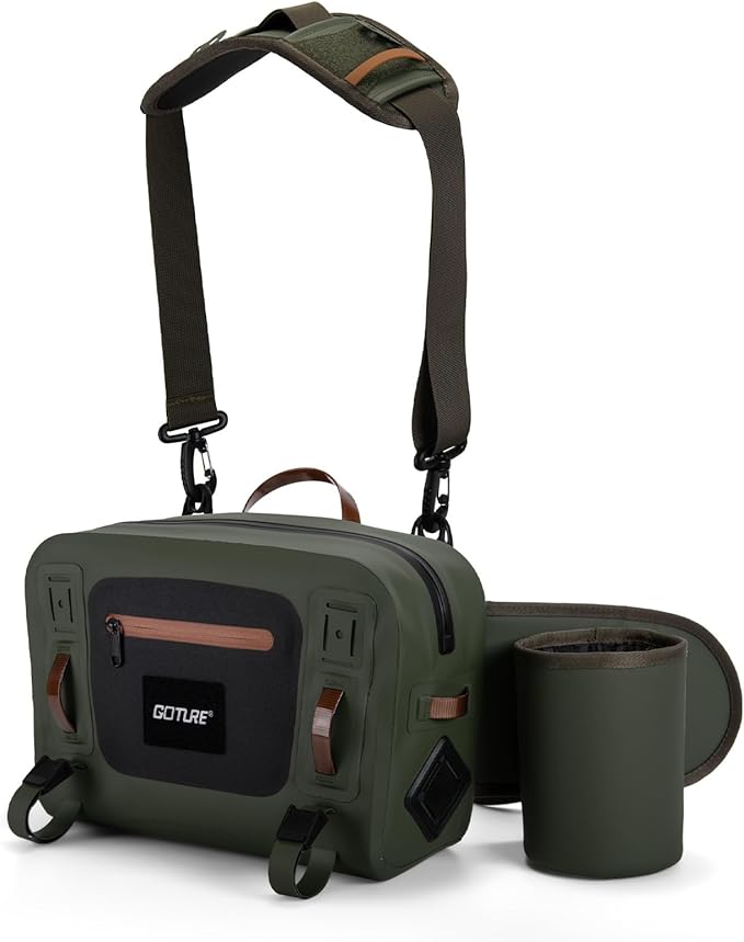 Goture Waterproof Fishing Waist Pack,IPX8 840D TPU Large Tackle Bag with Rod Holder,Airtight Zipper Closure,Detachable Water Bottle Holder, 10L Fly Fishing Bag with Adjustable Strap,Sling Fanny Pack