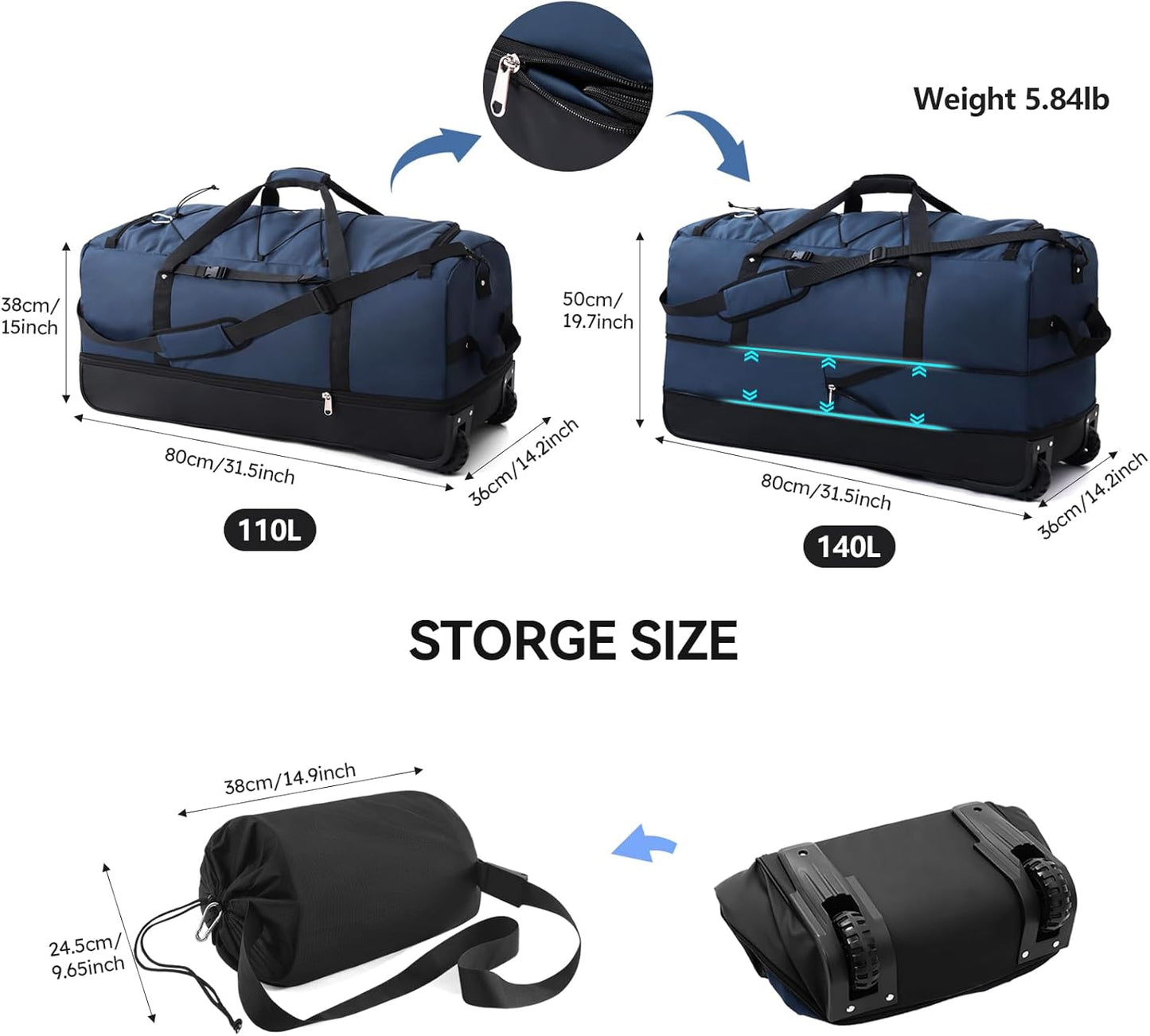 110L/140L Expandable Soft-Sided Foldable Duffle Bag with 2 Rubber Wheels,Packable 32” Rolling Carry-On with Multi-Pockets & Compartments,Navy Blue - Roamly