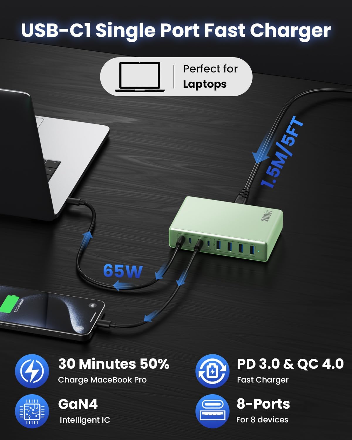 200W USB C Charger Block,GaN IV Charging Station 8 Ports,QC4.0 Fast Charging Station Hub+PD 65W USB C Laptop Charger Adapter Compatible with MacBook Air/Pro,DELL,iPhone 16/15,iPad,Steam Deck-Green - Roamly