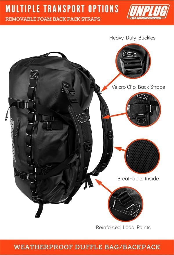 UNPLUG Ultimate Adventure Bag -1680D Heavy Duty Waterproof Travel Duffel Bags for Camping, Motorcycle Dry Bag, Waterproof Bags for Boating, Waterproof Duffle Backpack,Tactical Duffle Bag - Roamly