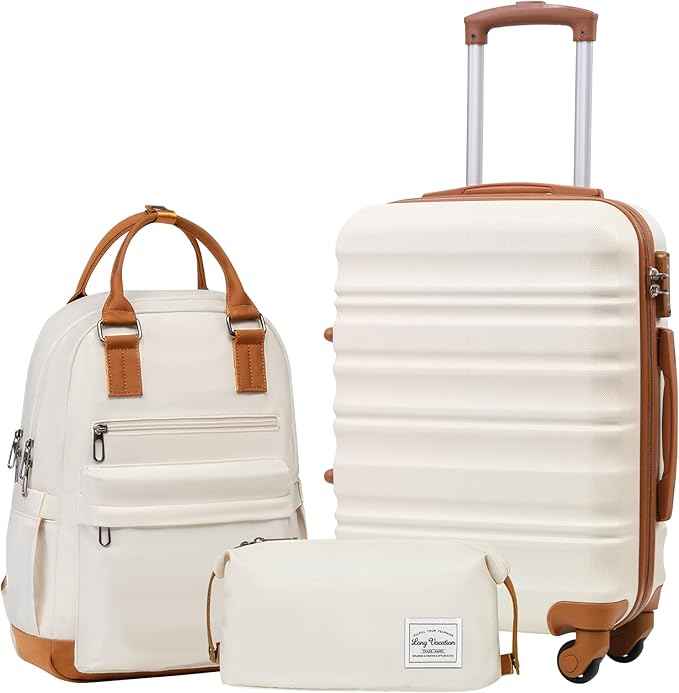 LONG VACATION Carry On Luggage Sets 3 Piece 20 Inch Suitcase Set, ABS+PC Hardshell Lightweight Travel Luggage with Spinner Wheels & YKK Zipper TSA Lock (20 INCH (BP/TB), BEIGE-BROWN)