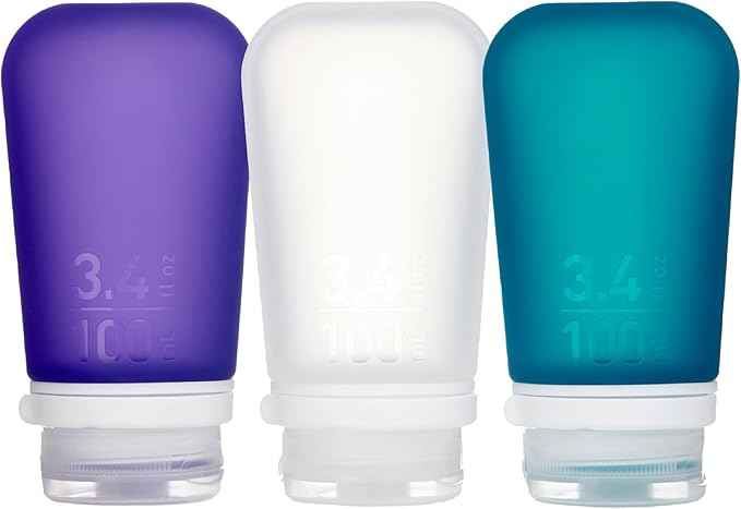 humangear GoToob+ 3-Pack (Large) | Refillable Silicone Travel Bottle | Locking Lid | Food-Safe Material, Clear/Purple/Teal, Large (3.4 fl.oz.; 100ml)