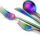 Matte Rainbow Silverware, Gugrida 5-Piece 18/10 Stainless Steel Flatware Set, Satin Finish Kitchen Utensils, Tableware Travel Cutlery for Camping, Office or School Lunch, Dishwasher Safe