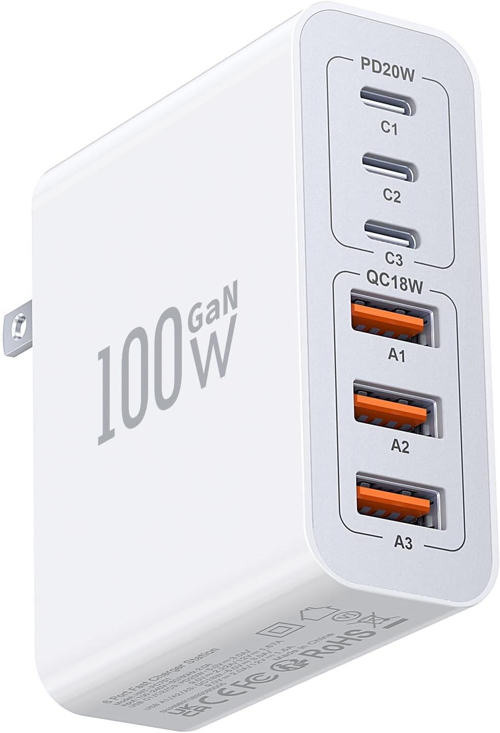 USB C Wall Charger Block,100W GaN 6-Port QC+PD3.0 Charging Station Type C Fast Chargers Plug Brick Portable Cube Hub Multiport Power Adapter for iPhone16/15/14 Pro Galaxy S25 Ultra2 AirPods4 Watch10 - Roamly