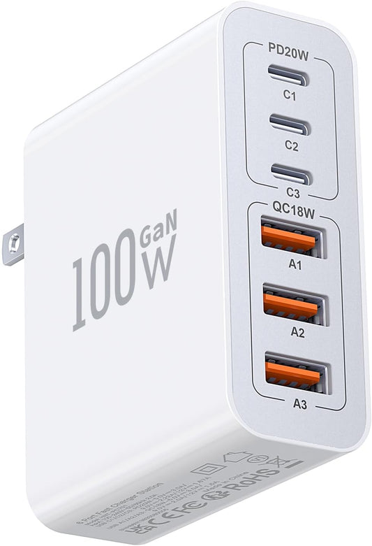 USB C Wall Charger Block,100W GaN 6-Port QC+PD3.0 Charging Station Type C Fast Chargers Plug Brick Portable Cube Hub Multiport Power Adapter for iPhone16/15/14 Pro Galaxy S25 Ultra2 AirPods4 Watch10 - Roamly