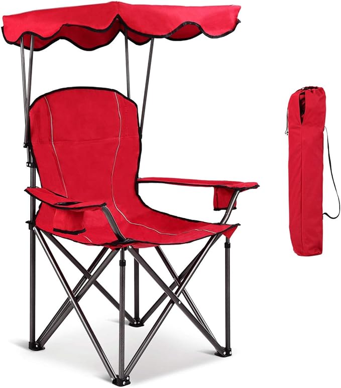 Goplus Camping Chair with Canopy Shade, Folding Lawn Chair with Umbrella Cup Holder & Carry Bag, Portable Sunshade Chair for Adults for Beach Outdoor Travel Hiking Fishing (Red)