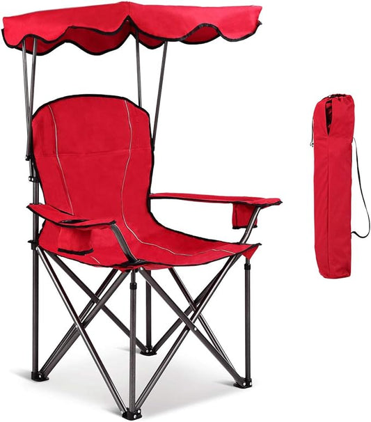 Goplus Camping Chair with Canopy Shade, Folding Lawn Chair with Umbrella Cup Holder & Carry Bag, Portable Sunshade Chair for Adults for Beach Outdoor Travel Hiking Fishing (Red)