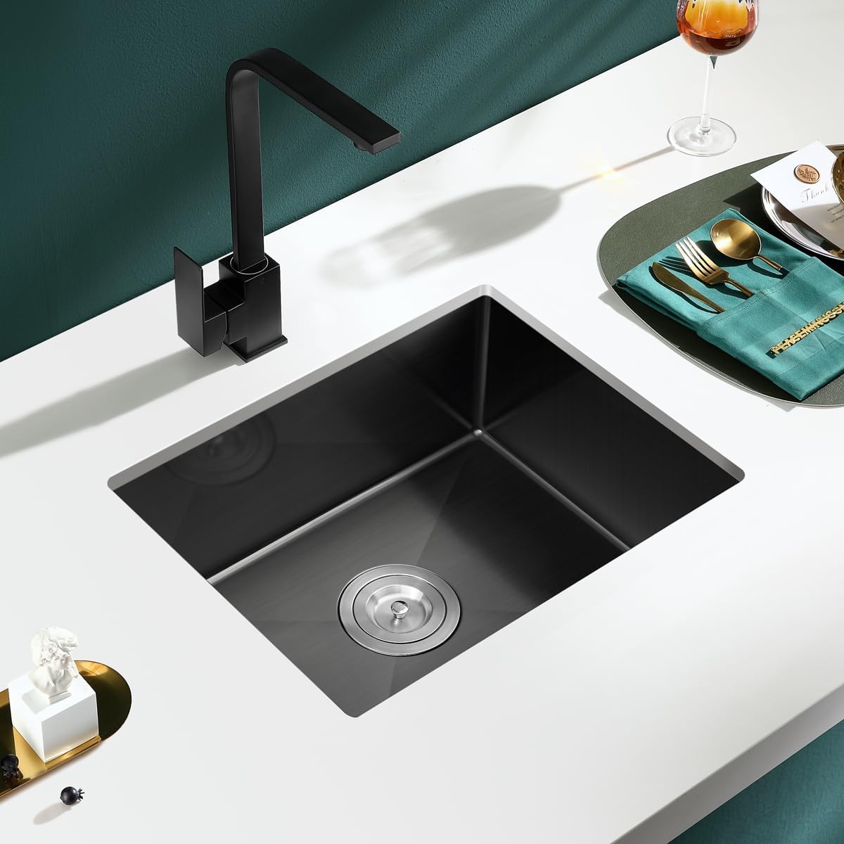 22 x 18 Inch Undermount Kitchen Sink, 18 Gauge Stainless Steel Handmade Single Bowl Kitchen Sink, 9 Inch Deep Bowl Bar Sink, Black