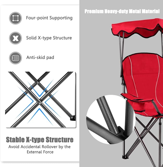 GYMAX Camping Chair, Folding Outdoor Lawn Chair with Canopy, Carry Bag & Cup Holder, Portable Heavy Duty Camp Chair for Outside Travel, Picnic, Beach Soccer Chairs (Red)