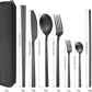AARAINBOW 6 Pieces Stainless Steel Flatware Set Portable Reusable Cutlery Set Travel Utensils Set Including Chopsticks Knife Fork Spoon Straws Cleaning Brush Dishwasher Safe (B-Black)