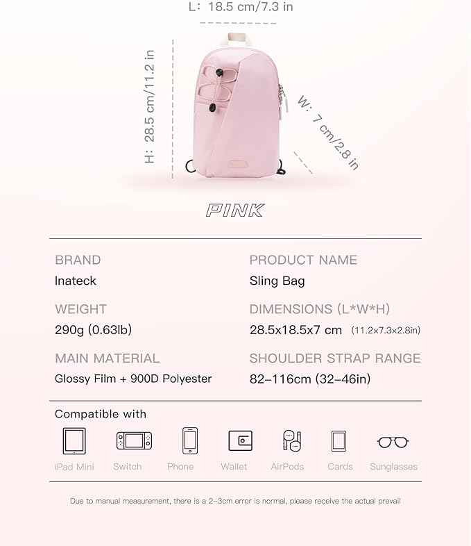 Inateck Sling Bag X-Row with RFID Blocking, Spacious Crossbody Shoulder Chest Everyday Carry Bag with Quick-adjust Strap, Water-resistant Sling Backpack for Men, Women, Travel, Cycling, Hiking, Pink
