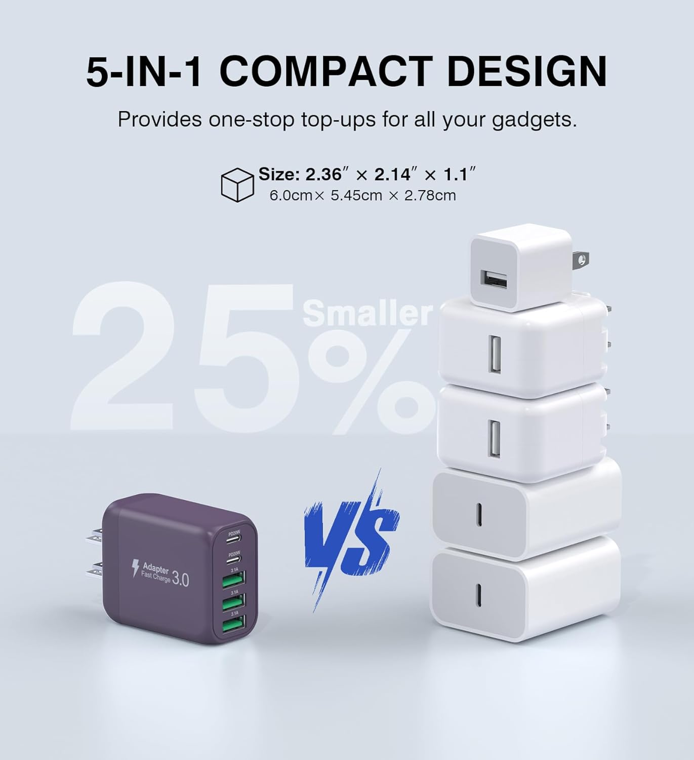 50W 2-Pack USB C Wall Charger Block, 5-Port C Charger Fast Charging Block PD Power Adapter +QC 3.0 Multiport Type C Box Brick Cube USB A Wall Plug for iPhone 16/15/14/13 Pro Max,Samsung Galaxy(Purple) - Roamly