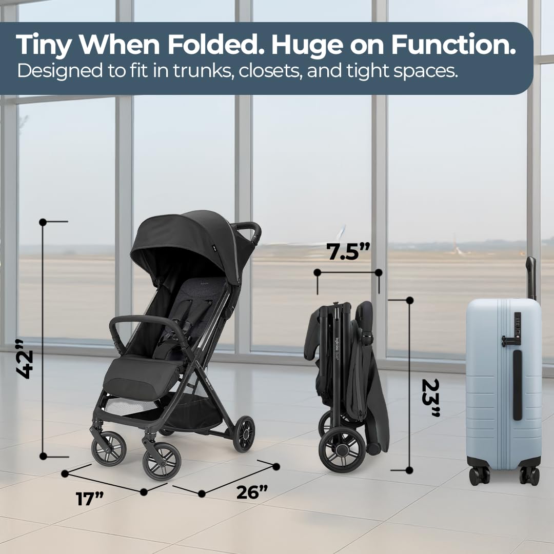Inglesina Quid³ Stroller, Cosmic Black - Compact Reclining Travel Stroller for Baby & Toddler 0-55 lbs, One Hand fold, Car seat Compatible, Airplane Overhead, Lightweight, Foldable, XL UPF 50+ Canopy