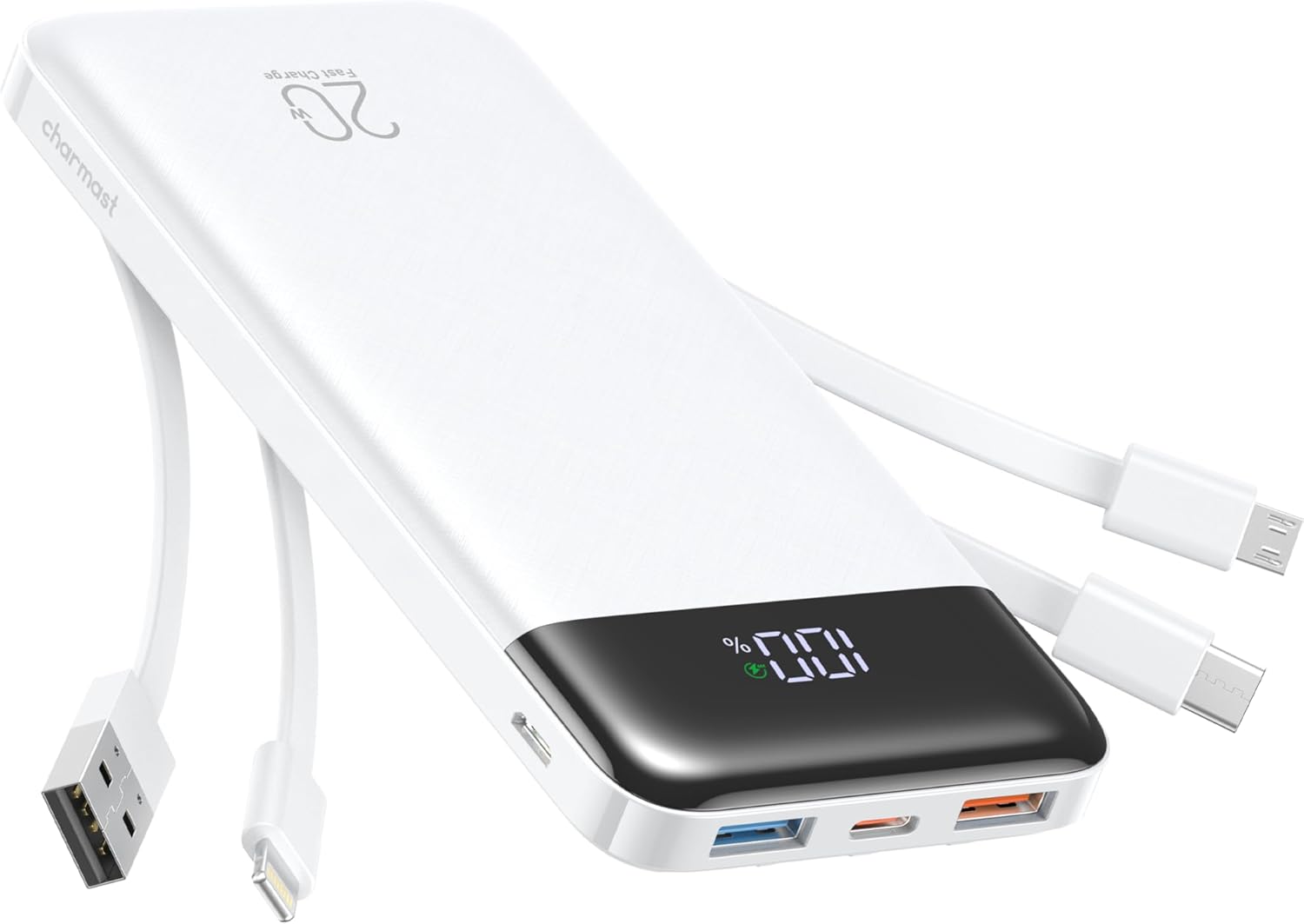 charmast 20000mAh Portable Charger with Built in Cables, 22.5W Travel Power Bank Fast Charging, USB C Cell Phone Battery Pack for iPhone 16/15/14/13/12/11 Series, iPad, Samsung, Android, Tablet - Roamly
