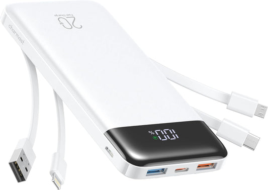 charmast 20000mAh Portable Charger with Built in Cables, 22.5W Travel Power Bank Fast Charging, USB C Cell Phone Battery Pack for iPhone 16/15/14/13/12/11 Series, iPad, Samsung, Android, Tablet - Roamly
