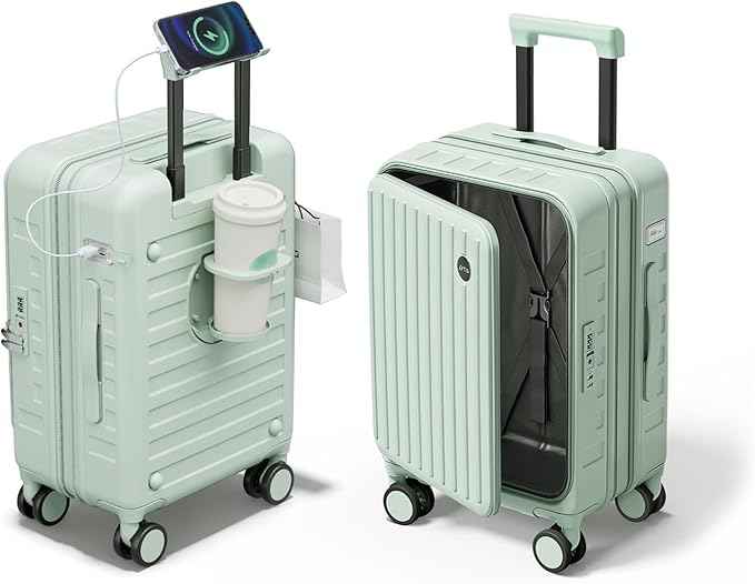 Expandable Lightweight PC Hard Shell Suitcase, 24-inch Luggage with TSA Lock, Top Opening & Cup Holder - Ideal for Business Travel Suitcase (Mint Green, Checked-Medium 24-Inch)