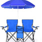 Goplus Double Camping Chair with Umbrella, Folding Loveseat Chairs w/Canopy Shade, Carrying Bag, Table, Cup Holder, Portable Beach Chairs Outdoor Picnic Patio (Blue)