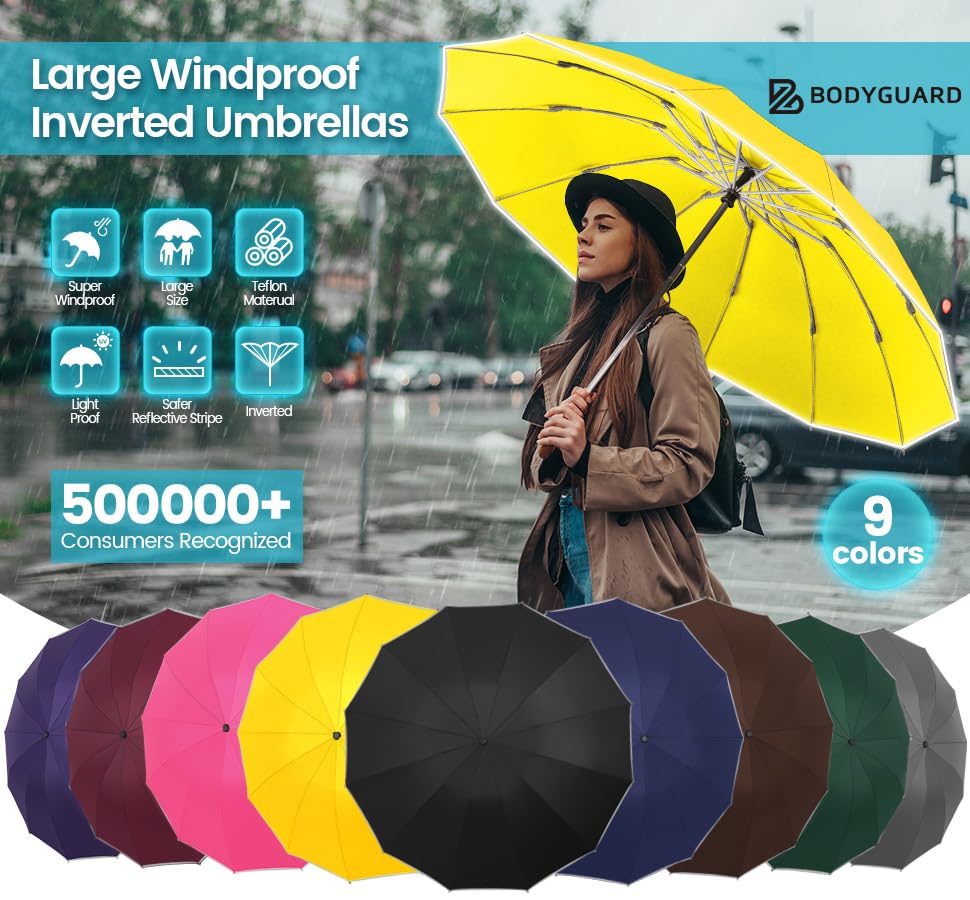 Inverted Umbrella Large Windproof Umbrellas for Rain Sun Travel Umbrella Compact with Reflective Stripe