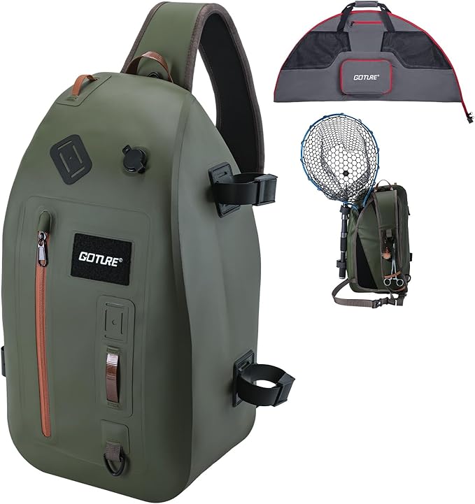 Goture Waterproof Fly Fishing Sling Pack,IPX8 840D TPU Fishing Sling Bag Gear Storage,13L Tackle Backpack with Rod Holder,Airtight Zipper,Exhaust Valve,Adjustable Strap,Wader Bag Included,Gift for Men