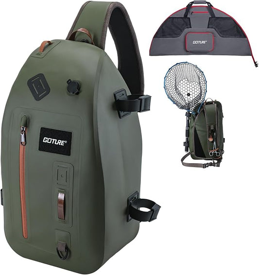 Goture Waterproof Fly Fishing Sling Pack,IPX8 840D TPU Fishing Sling Bag Gear Storage,13L Tackle Backpack with Rod Holder,Airtight Zipper,Exhaust Valve,Adjustable Strap,Wader Bag Included,Gift for Men