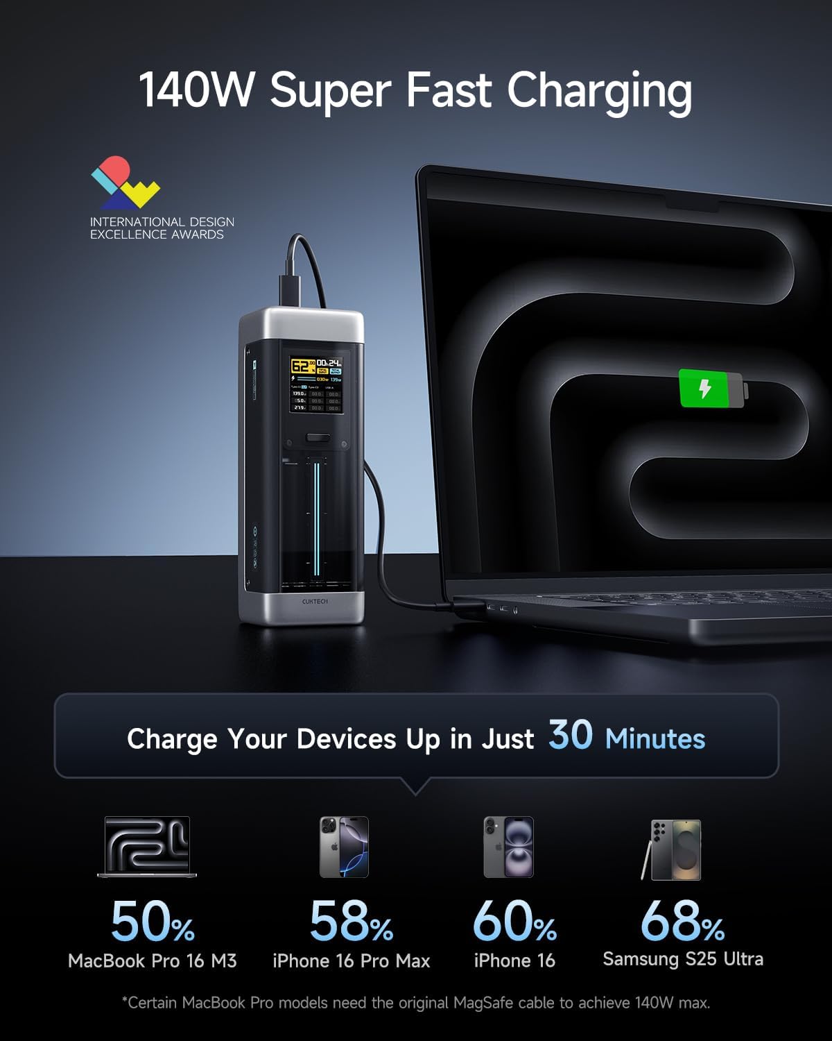 CUKTECH NO.20 140W Power Bank, 25,000mAh 3-Port Laptop Portable Charger, Fast Charging Battery Pack for Travel and Outdoor Work, Compatible with iPhone 16/15/14 Series, MacBook, Samsung, and More