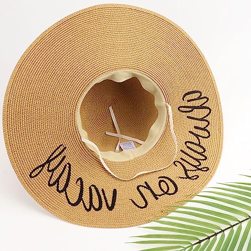 Big Straw Sun Hats for Women Floppy Foldable Roll up Beach Cap Sun Hat UPF 50+ Vacation Honeymoon Embroidered Hat