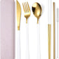 AARAINBOW 6 Pieces 18/8 Stainless Steel Flatware Set Portable Reusable Cutlery Set Travel Utensils Set Including Chopsticks Knife Fork Spoon Straws Cleaning Brush Dishwasher Safe (White golden)