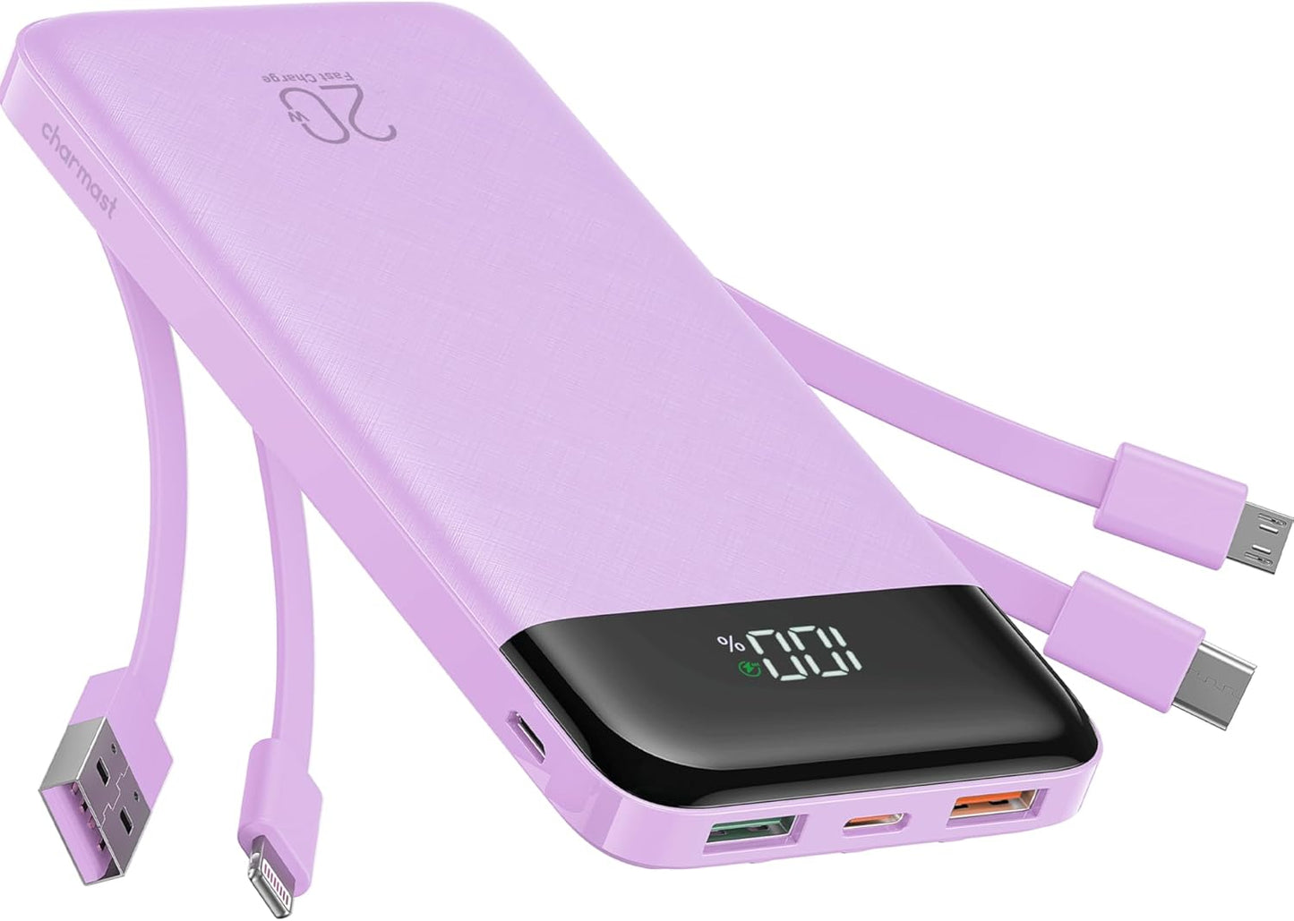 charmast 20000mAh Portable Charger with Built in Cables, 22.5W Travel Power Bank Fast Charging, USB C Cell Phone Battery Pack for iPhone 16/15/14/13/12/11 Series, iPad, Samsung, Android, Tablet - Roamly