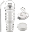 MUKOKO 32 oz Glass Tumbler with Straw,Glass Water Bottles with Time Marker,Iced Coffee Cup with 2 Lids-Handle Spout Lid&Straw Lid,Silicone Sleeve,Leakproof,1 Pack-White