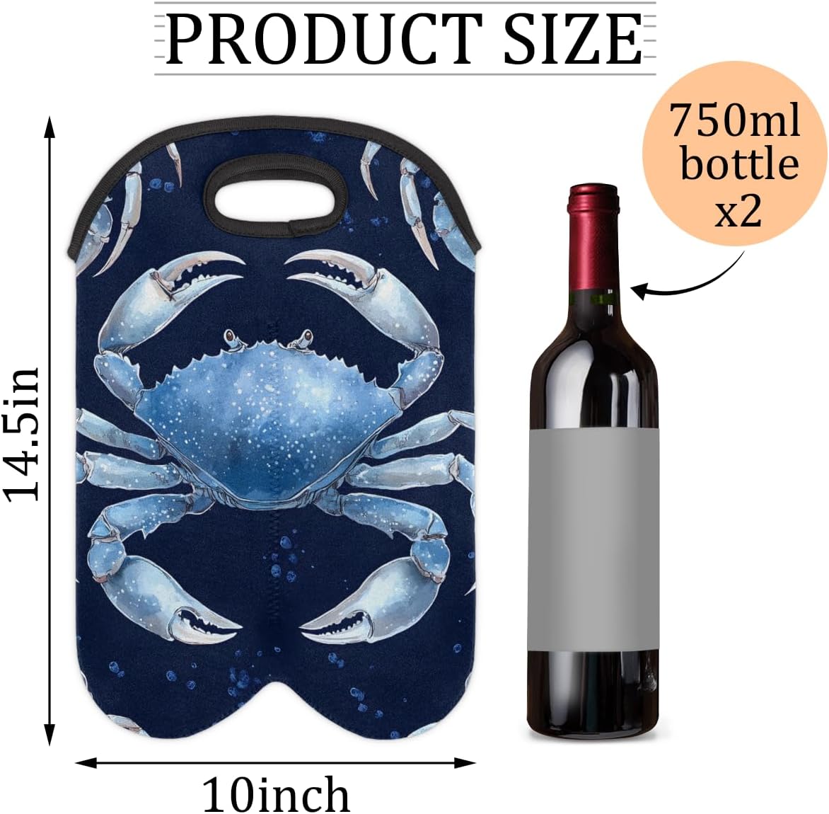Neoprene Wine Tote, Bottle Carrier Gag Insulating Neoprene Thicker, Insulated Wine Bag for Travel Holds Two Bottles, Bottle Carrier Bags Protect the Bottles, Blue Crab