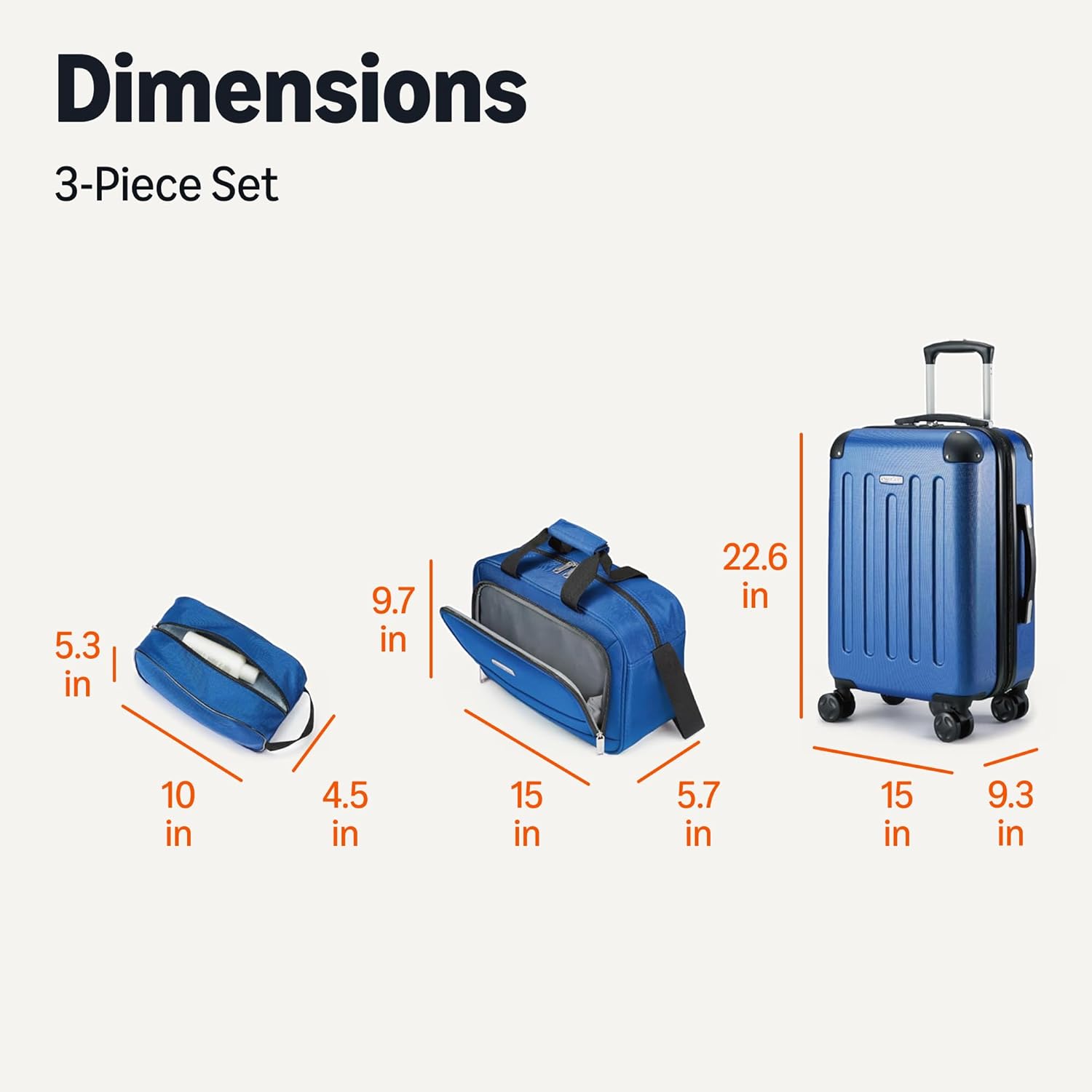 Amazon Basics 3-Piece Luggage Set, Including Carry-On Luggage (22" Expandable Hardside Suitcase With 8 Spinner Wheels), 15" Tote Bag, and 10" Compact Travel Bag, Navy Blue - Roamly