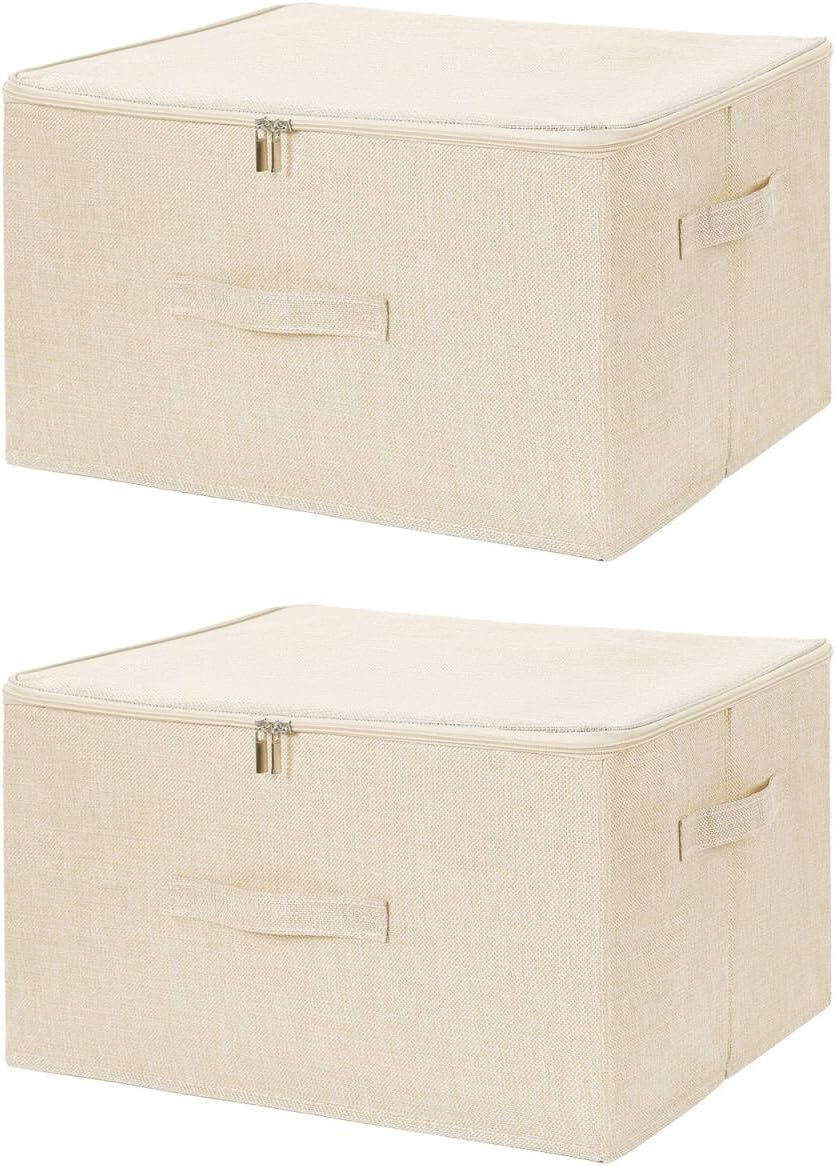 ANMINY 2PCS Storage Bins with Zipper Lids 51.9 Qt Lidded Fabric Storage Boxes Baskets Cubes with Handles Collapsible Washable Cotton Linen Closet Shelf Clothes Organizer - Beige, Extra Large