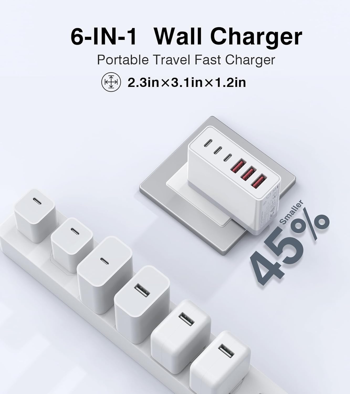 100W USB C Wall Charger,6-Port PD Fast USB C Charging Block,3 Type C+3Type A Multiport Plug,6 in 1 Charger Compatible with for iPhone 16/15/14/13/12/ProMax,iPad,AirPods4,Galaxy S25/S24,Watch,AirPorts - Roamly