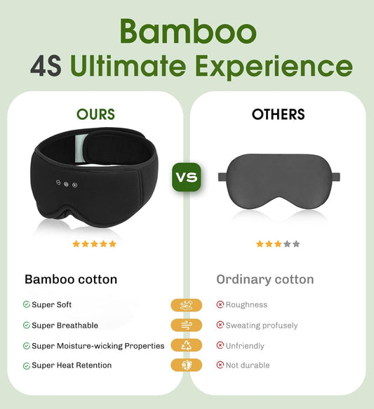 Bamboo Cotton Sleep Mask with Bluetooth Wireless Headphones - Blackout Eye Mask for Sleeping 3D Contoured Sleep Headband Ear Muffs Lengthen & Low Noise Hook for Better Experience (Black)
