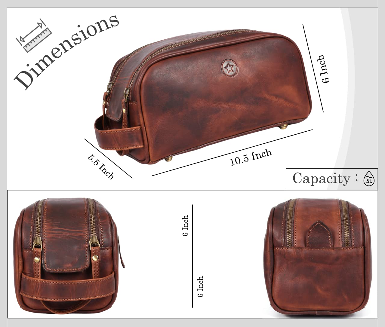 10" Premium Leather Toiletry Travel Pouch With Waterproof Lining | King-Size Handcrafted Vintage Dopp - Kit By Aaron Leather Goods (Dark Brown) - Roamly