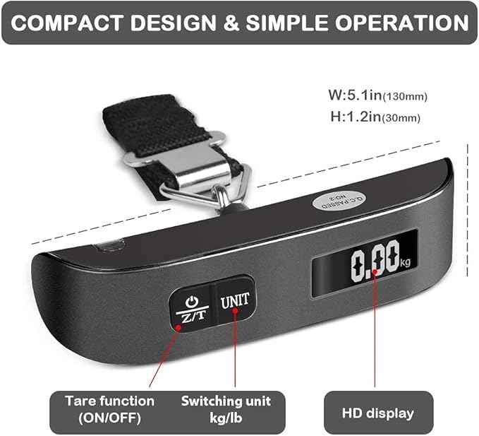 travel inspira Luggage Scale, Portable Digital Hanging Baggage Scale for Travel, Suitcase Weight Scale with Rubber Paint, 110 Pounds, Battery Included