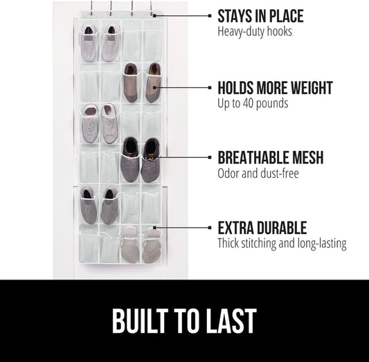 GORILLA GRIP Over the Door Shoe Organizer, 24 Large Breathable Mesh Pockets, Space Saving Hanging Storage Holder, Closet Rack Hanger Holds Up to 40 lbs, Hangs on Closets for Shoes, Accessories, White