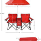 Goplus Double Camping Chair with Umbrella, Folding Loveseat Chairs w/Canopy Shade, Carrying Bag, Table, Cup Holder, Portable Beach Chairs Outdoor Picnic Patio (Red)