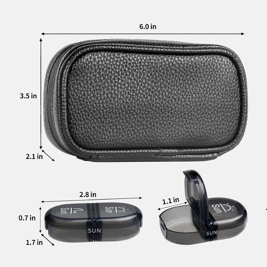 Serfeymi Weekly Travel Pill Organizer 2 Times A Day AM PM Upgraded Black Pill Box 7 Day with Portable Zipper PU Leather Pill Case, Medicine Organizer for Pills, Vitamins, Fish Oils - Black 01
