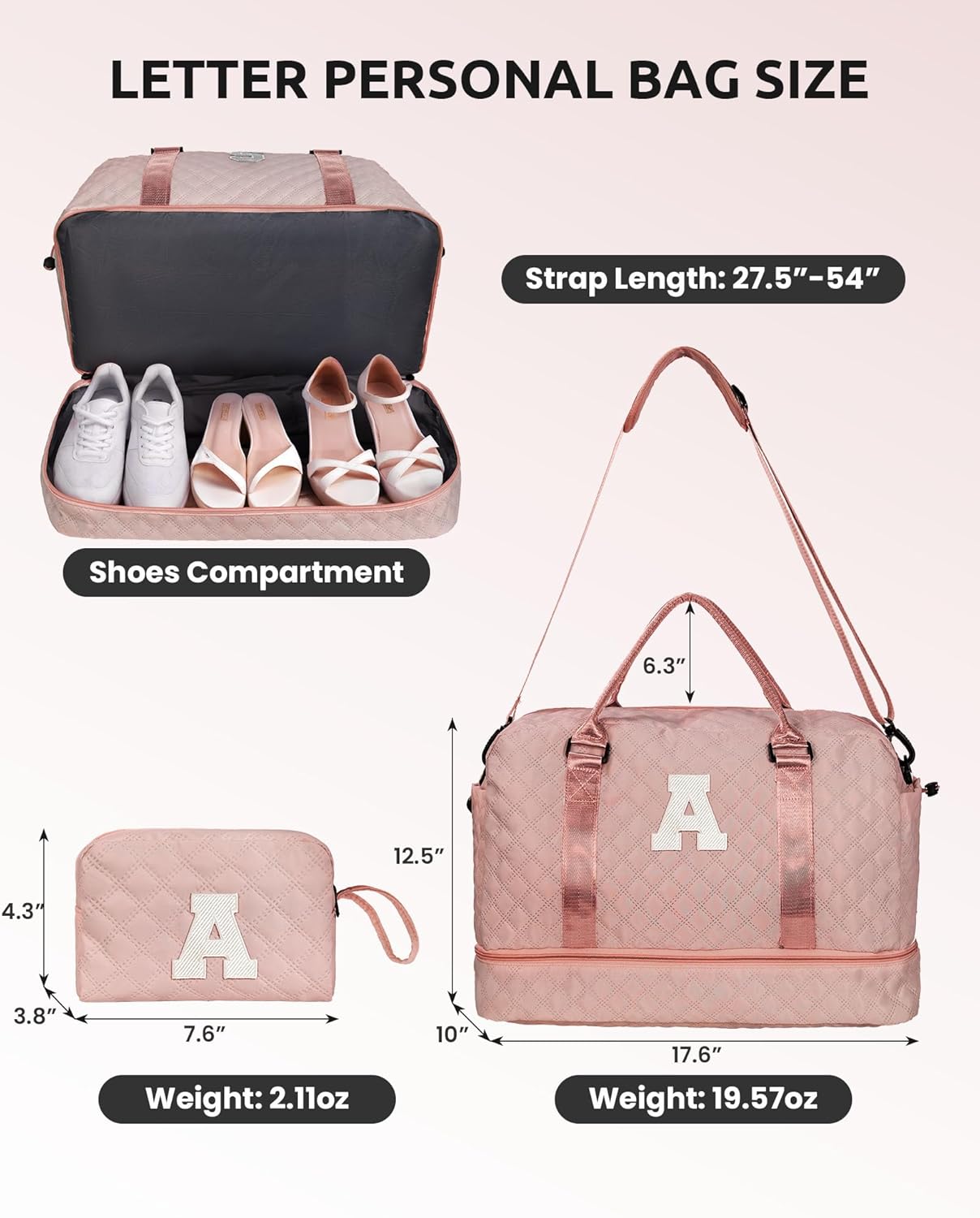 Women Gift-Birthday Gifts, Initial Duffle Bags with Shoe Compartment, Girls Weekender Bag, Overnight Tote for Women, Travel Bag with Makeup Pouch (Letter A) - Roamly