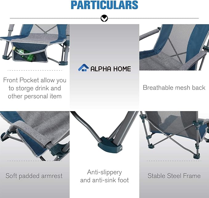 ALPHA CAMP Low Beach Camping Folding Chair, High Mesh Back Ultralight Backpacking Chair with Carry Bag for Adults Compact & Heavy Duty Outdoor, Camping, BBQ, Beach, Travel, Picnic, Festival, 2 Pack