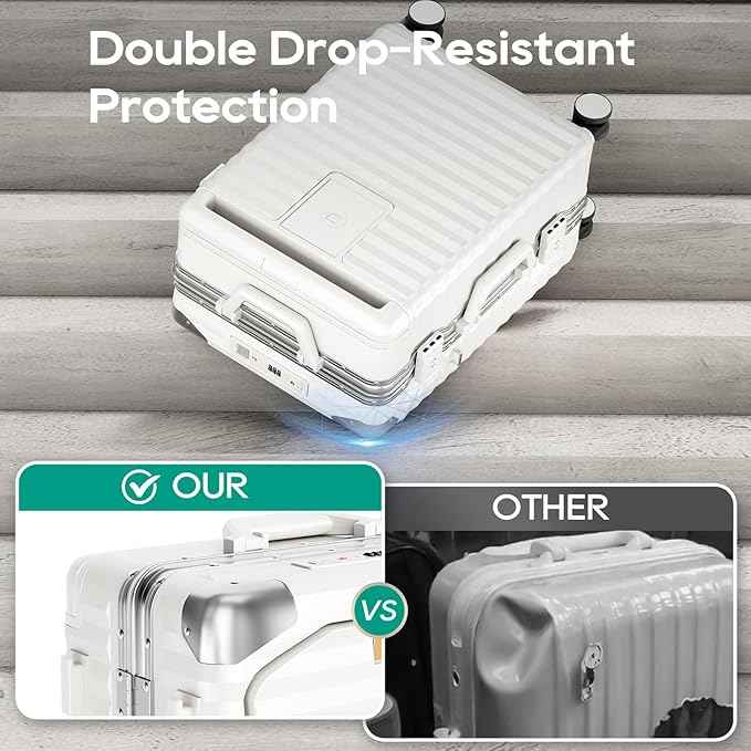 Joyway 20 Inch Carry on Luggage with Aluminium Frame and Front Pocket, PC Hardshell Suitcase with USB Port and Cup Holder, 21.5x14.2x9 Airline Approved, Luggage with Spinner Wheels and TSA Lock(White)