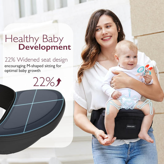 Momcozy Hip Seat Baby Carrier - Adjustable Waistband with Original 3D Belly Protector, Ergonomic Carrier with Various Pockets for Newborns & Toddlers up to 45lbs (Black, Medium)