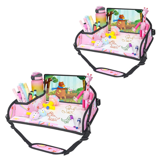 Upgraded Kids Travel Tray for Car Seat - Travel Tray for Airplane, Table Tray for Kids Travel Essentials, Toddler Lap Tray, Carseat Lap Desk for Kids Road Trip Activities, Pink Unicorn - 2 PCS