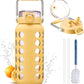 MUKOKO 64oz Glass Water Bottles with Straw and Lid,Half Gallon Water Bottle with Time Marker,Large Glass Water Jug with Silicone Sleeve and Stainless Steel Handle-Yellow