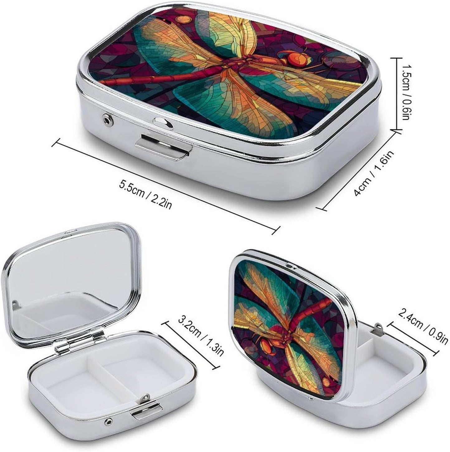 Metal 2 Compartment Pill Organizer Travel Friendly Portable Compact Pill Box Cute Pill Case,for Pocket Wallets Daily Portable Medicine Vitamin Tablet Storage (Dragonfly)