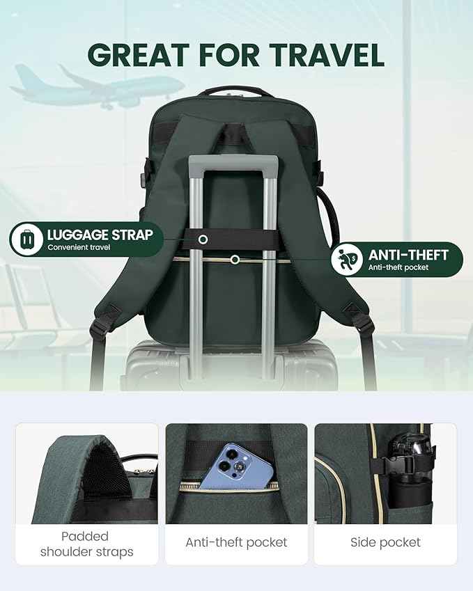LOVEVOOK Travel Backpack for Women & Men 50L,Airline Approved Carry On Backpack Travel Essentials,TSA Carry on Luggage,Waterproof Personal Item Travel Bag Suitcase,3 Packing Cubes,Dark green-Black-1