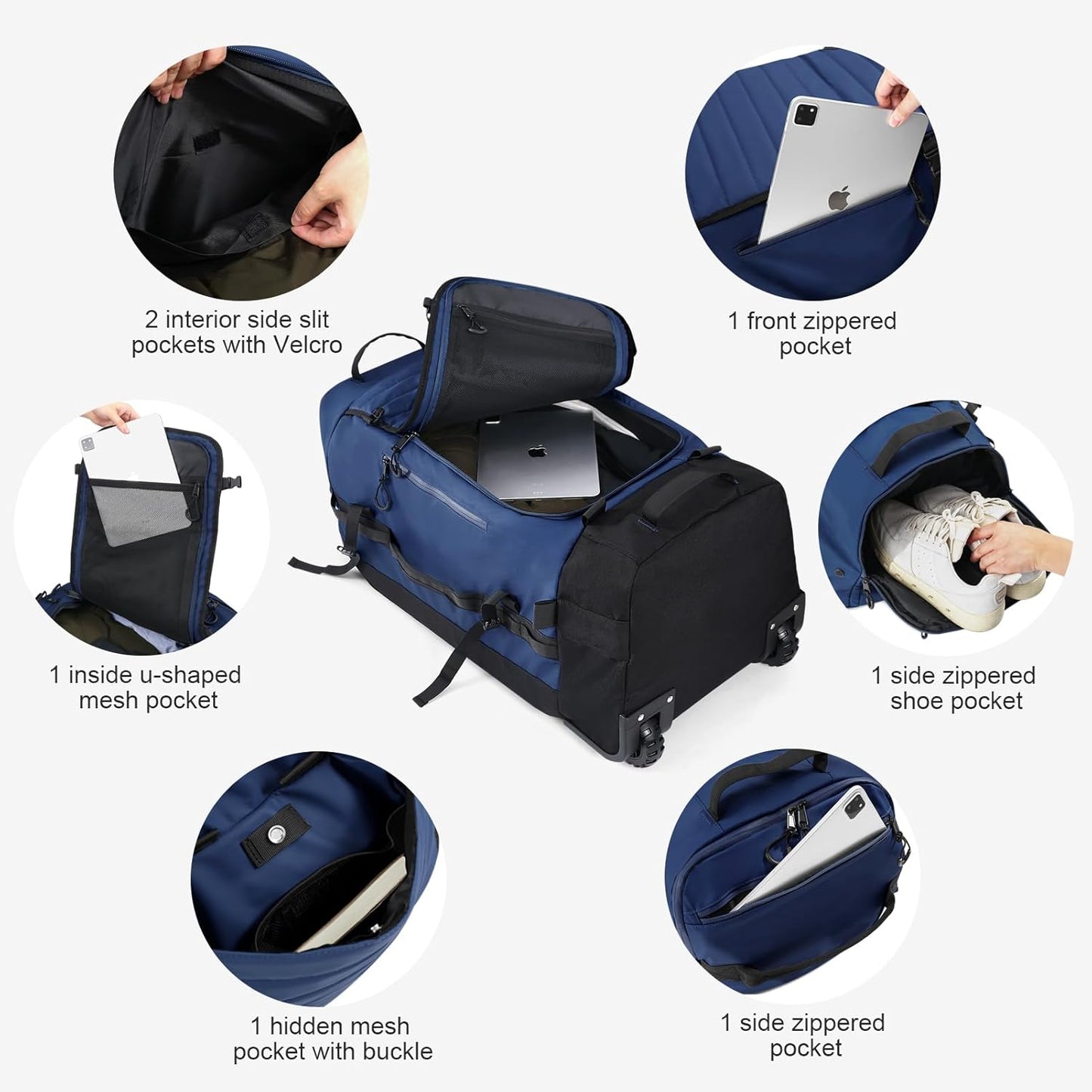 Vomgomfom 86L Collapsible Wheeled Luggage with Removable Backpack Straps,Waterproof Rolling Duffle Bag with Quilted Base,No Telescope Handle,Navy - Roamly