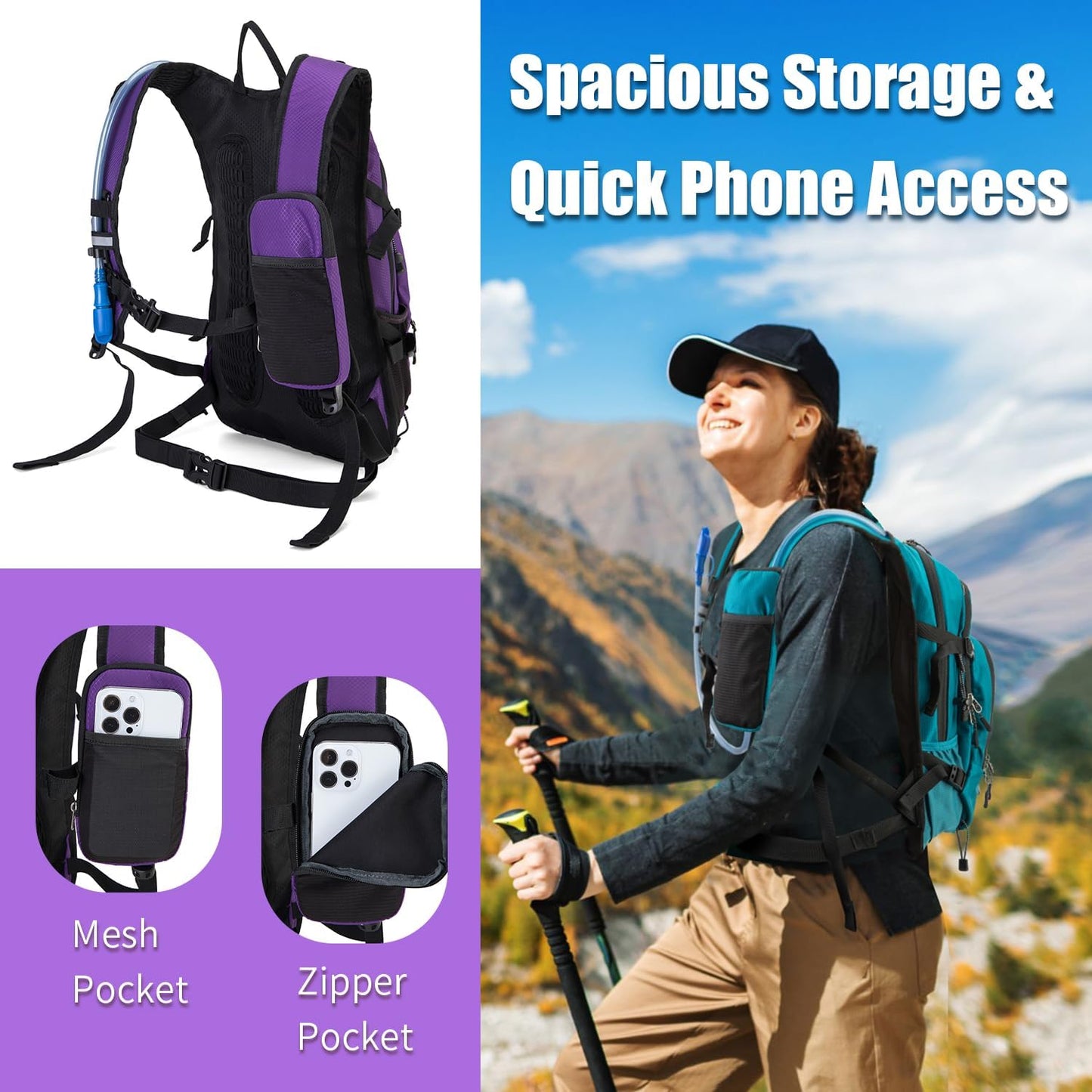Hydration Backpack Pack with 2L Water Bladder 18L Hiking Backpack Women Men Lightweight Hydropack Insulated Daypack for Biking, Running, Festival - Roamly